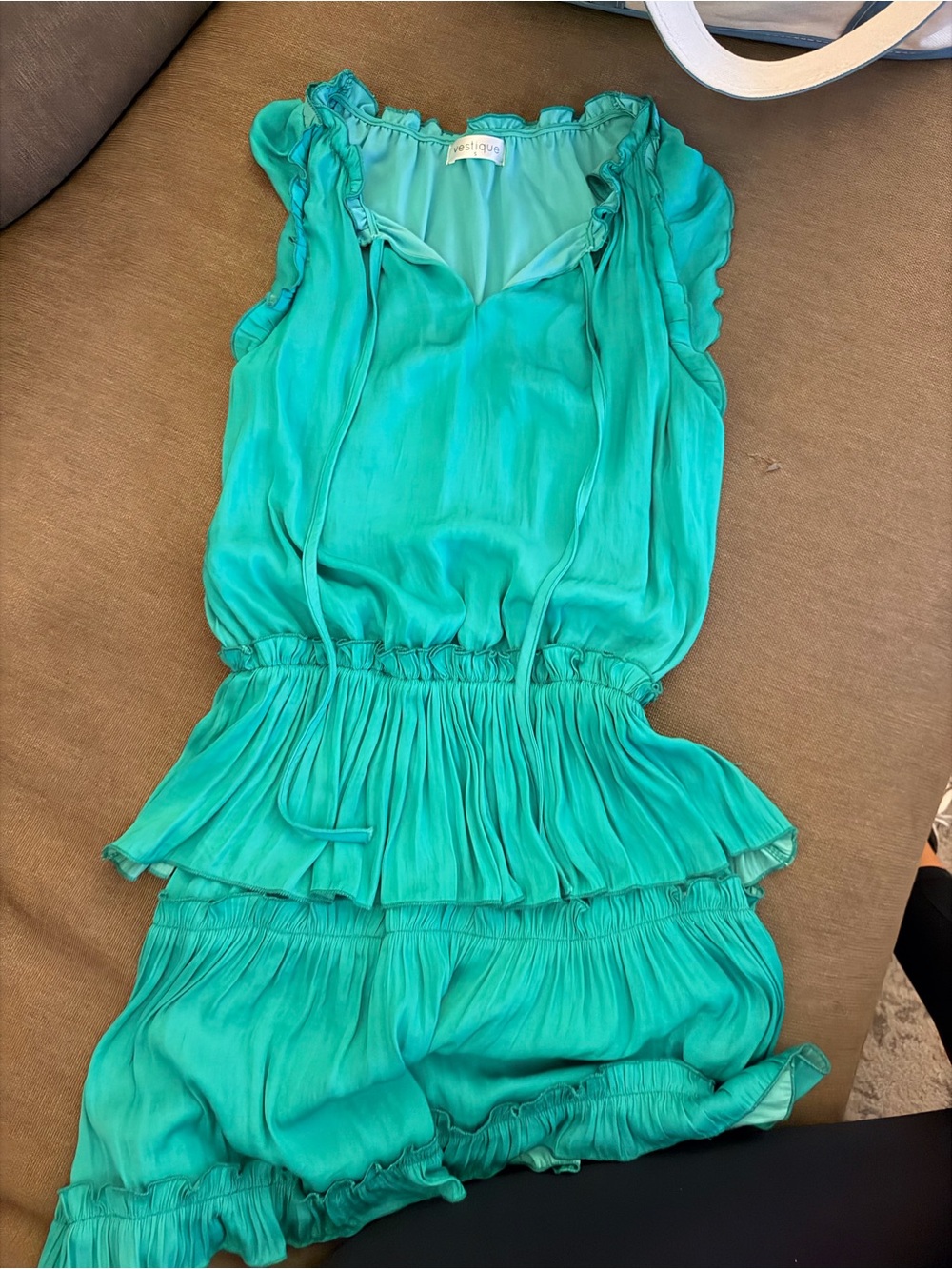 vestique Teal Ruffled Waist Mini Dress
